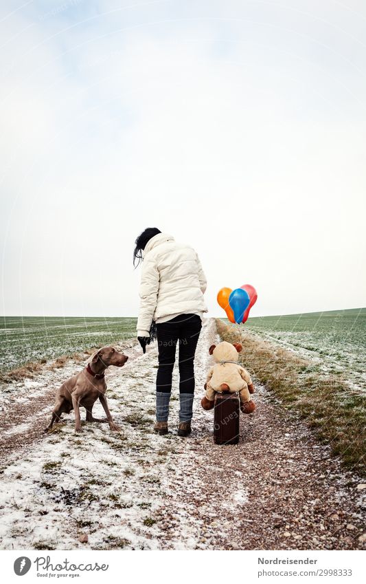 troubleshooting Trip Winter Snow Hiking Human being Feminine Woman Adults Landscape Field Lanes & trails Clothing Jacket Boots Pet Dog Toys Teddy bear Balloon