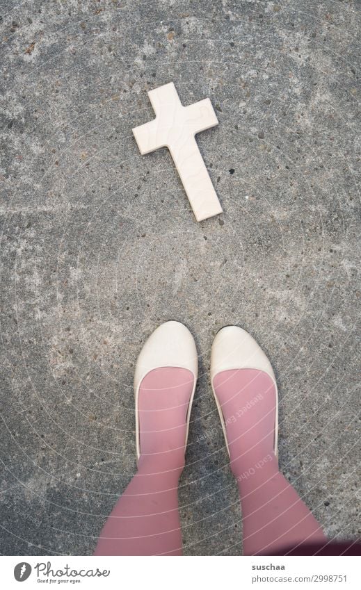 wooden cross and legs in pink stockings Crucifix Legs feet ballerinas Stockings Pink feminine Street Asphalt Stand Whimsical Footwear Strange High heels Woman