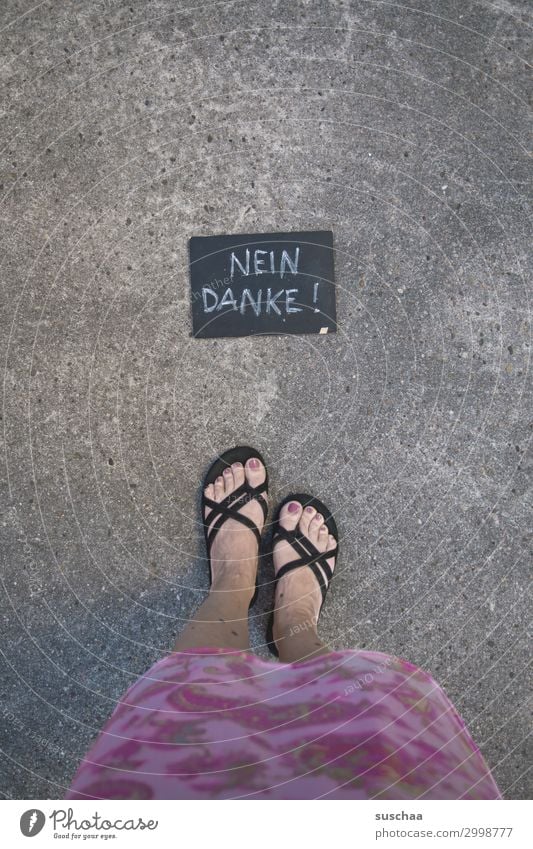 No, thanks. feet Skirt Woman Legs feminine Feminine standing Street Summer Flip-flops Blackboard Asphalt writing Word Remark no no thanks say no Refusal refusal