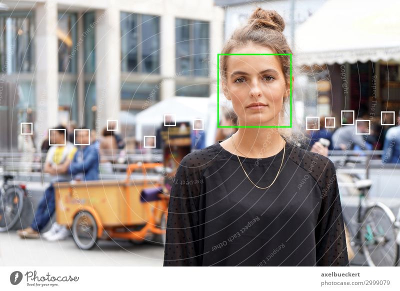 Face recognition of young woman in the crowd face recognition Artificial intelligence Surveillance Technology Software Science & Research Advancement Future