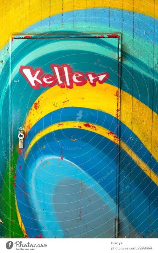 cellar door Wall (barrier) Wall (building) Door Cellar door Concrete Metal Characters Graffiti Authentic Friendliness Positive Town Blue Multicoloured Yellow