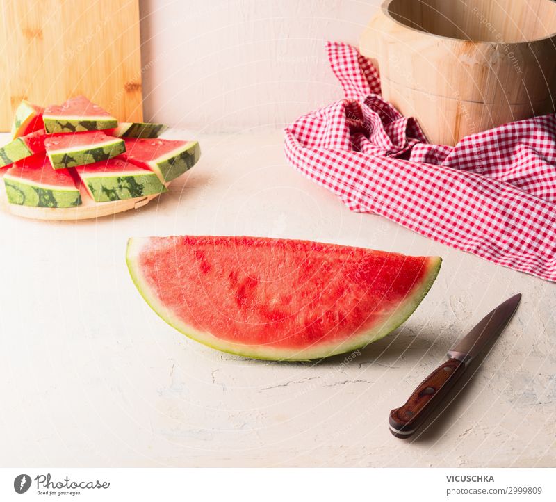 piece watermelon with knife Food Fruit Dessert Nutrition Style Healthy Eating Summer Table Design Water melon Knives Part Kitchen Food photograph Colour photo