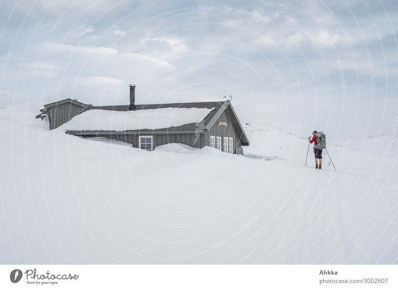 Skier reaches snow-covered hut Vacation & Travel Trip Adventure Winter Snow Winter vacation Masculine 1 Human being Ice Frost Norway Hut Discover To hold on