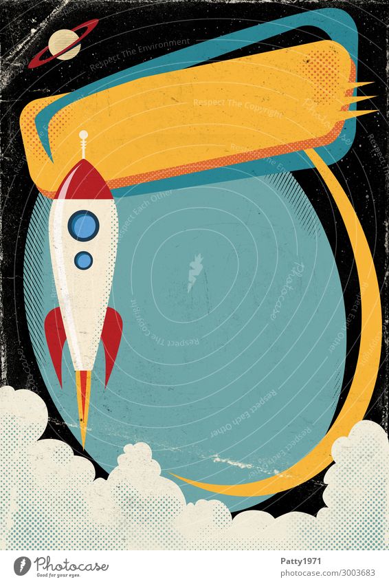 Launching cartoon rocket in space. Advertising sign concept in 50s, 60s style. Leisure and hobbies Playing Vacation & Travel Tourism Adventure Expedition