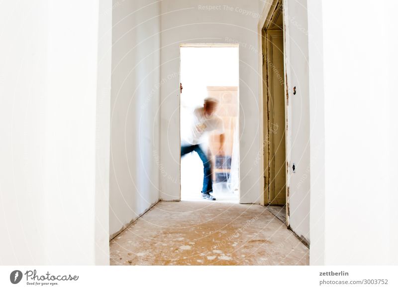 surprise Old building Period apartment Construction site Motion blur Hallway Wooden floor Floor covering Craft (trade) Craftsperson Man Human being Room