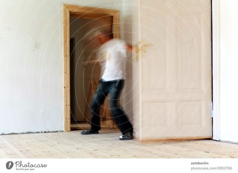 Between two doors Old building Period apartment Motion blur Hallway Wooden floor Floor covering Man Wall (barrier) Human being Room Interior design Copy Space