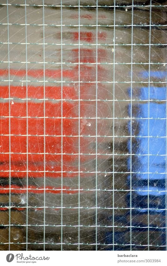 blurred behind glass Technology Facade Window Box Container Glass Metal Line Sharp-edged Blue Red Town Colour photo Exterior shot Detail Abstract Pattern