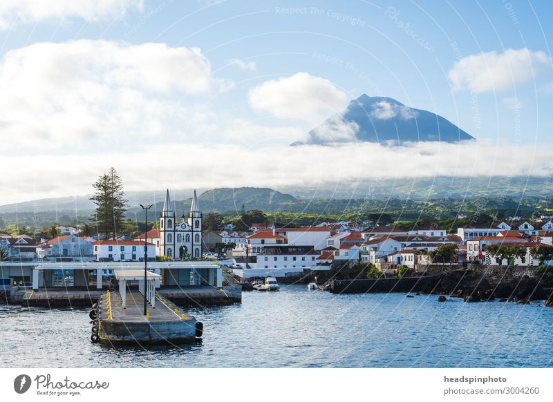 Port city Madalena and volcano Pico, Azores, Portugal Vacation & Travel Tourism Trip Freedom Sightseeing Cruise Nature Landscape Clouds Summer Rock Coast Reef