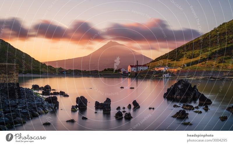 Volcano island Pico with reflections, Azores, at sunrise Landscape Elements Water Clouds Mountain Peak Ocean Island horta Portugal Village Fishing village