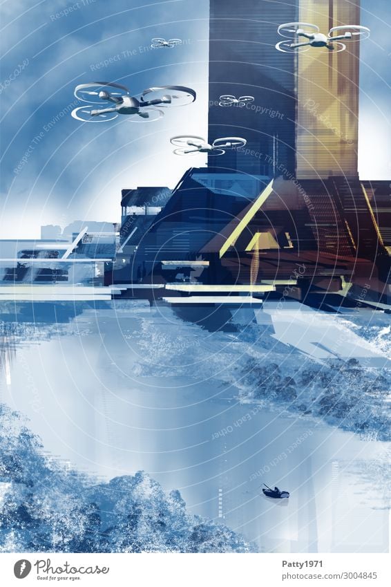 Drones fly through a futuristic-looking landscape. Abstract science fiction illustration. drones Science Fiction High-rise Aircraft Landscape Technology