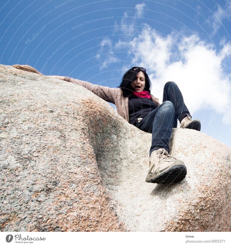 Stone Rock (II) Feminine Woman Adults 1 Human being Sky Clouds Beautiful weather Mountain Brittany To hold on Crouch Smiling Sit Joie de vivre (Vitality)