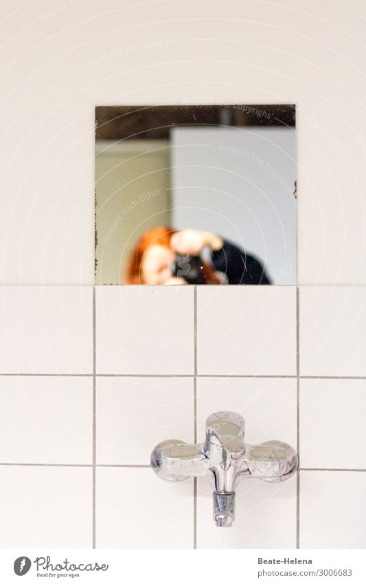 Just peeping in Living or residing Interior design Mirror Bathroom Camera Wall (barrier) Wall (building) Red-haired Tap Tile Fittings Observe Discover Looking