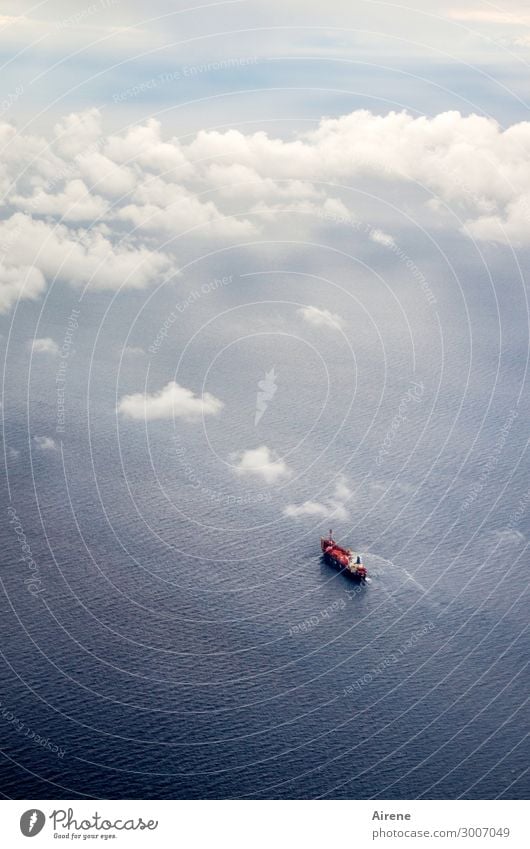 from above Water Clouds Beautiful weather Ocean Navigation Steamer Container ship Oil tanker Swimming & Bathing Small Under Blue Red White Adventure Loneliness