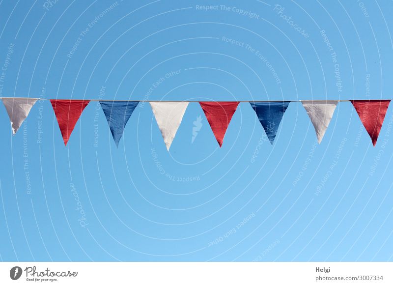 blue, white and red flags hang as decoration on a string in front of a blue sky Feasts & Celebrations Festival Cloudless sky Summer Beautiful weather Flag