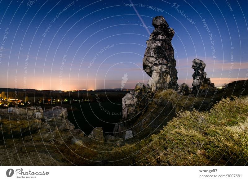 At night at the Devil's Wall Nature Landscape Sky Cloudless sky Night sky Horizon Summer Beautiful weather Bushes Hill Rock Teufelsmauer Harz Dark Natural Blue