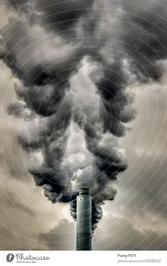 industrial vent Energy industry Coal power station Industry Chimney Exhaust gas Emission Smoke Fireside Smoking Threat Dark Brown Gray Black Fear of the future