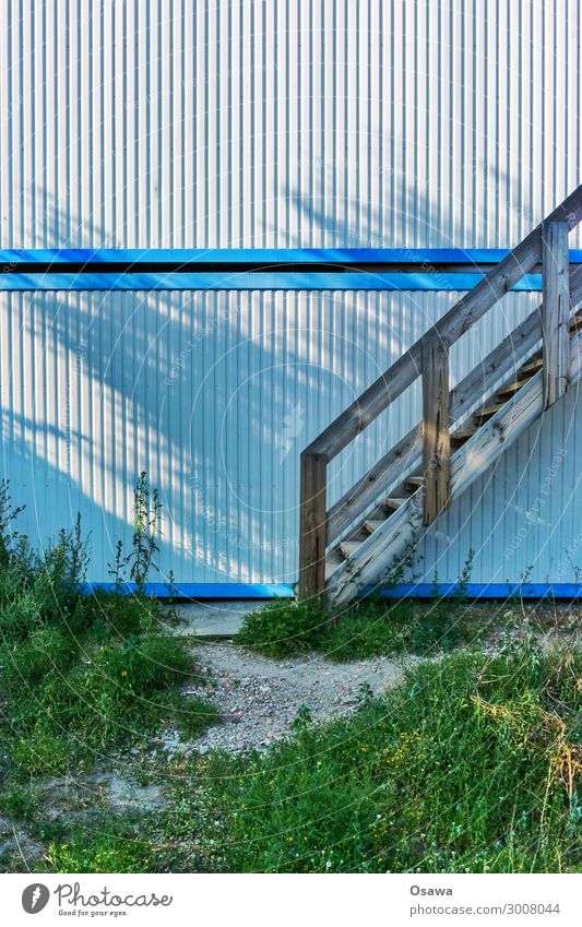construction container Office Construction site Architecture Stairs Facade Build Blue Green White wooden staircase Construction supervisor Temporary Weed