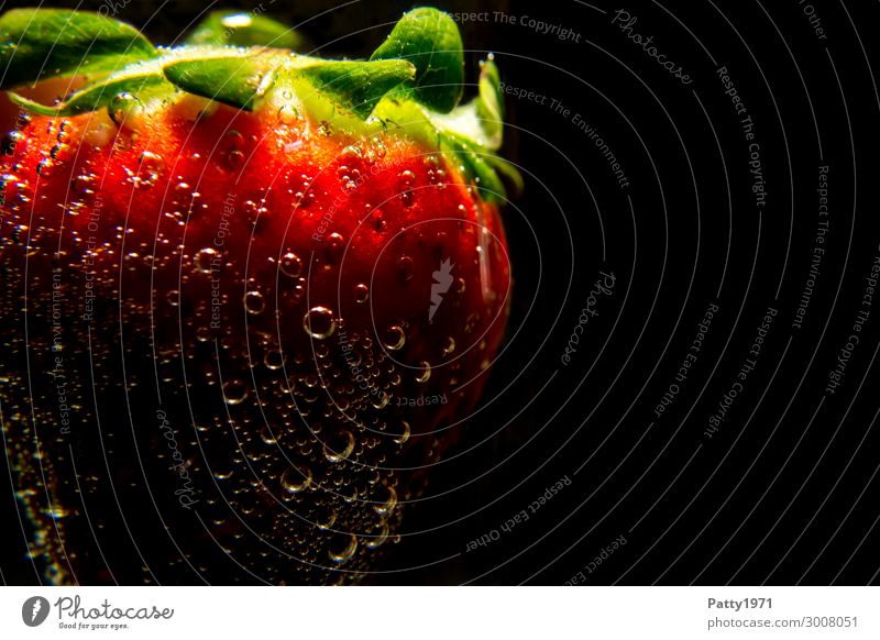 strawberry Food Fruit Strawberry Beverage Drinking water Air bubble Dark Fresh Healthy Green Red Black Bizarre Colour photo Close-up Detail