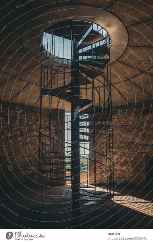 spiral staircase Architecture Old town Deserted Manmade structures Wall (barrier) Wall (building) Stairs Dark Modern Blue Brown Winding staircase Tower