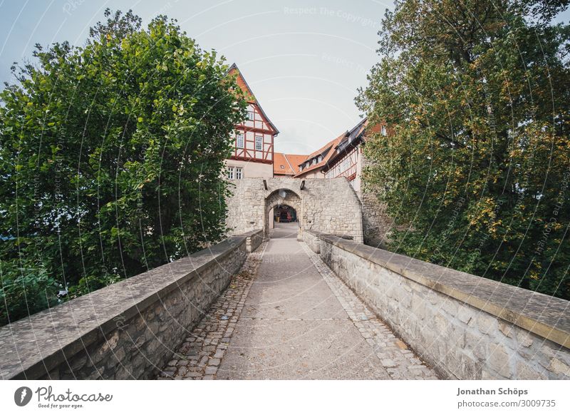 long bridge to the castle Small Town Old town House (Residential Structure) Castle Bridge Esthetic Bridge railing Wide angle Thuringia Germany Tree Gate