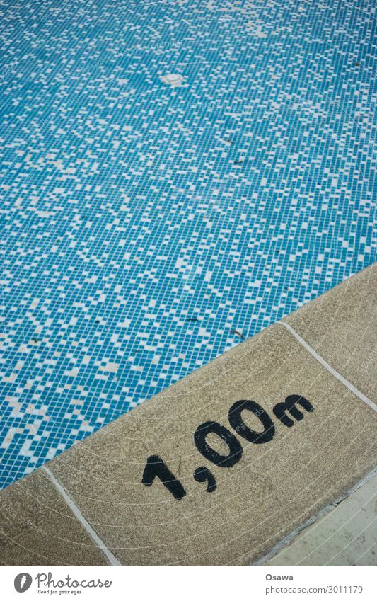pool edge Swimming pool Pool border Non-swimmer Meter water depth Tile Mosaic Concrete Deserted Copy Space top Copy Space middle Blue Gray Text Handwriting