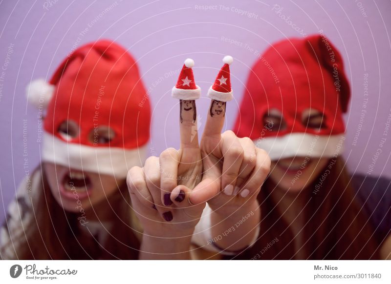 Christmas monster Christmas & Advent Feminine Young woman Youth (Young adults) Teeth Hand Fingers 2 Human being Cap Long-haired Red Happiness Santa Claus hat