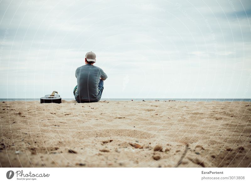 .| Well-being Senses Relaxation Vacation & Travel Trip Summer Beach Ocean Human being Masculine Man Adults Body Back 1 Nature Sand Blue Loneliness Guitar Sit