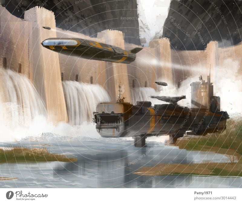 Spaceship glides through the landscape of an alien planet. A dam and mountains in the background. Abstract science fiction illustration. Astronautics