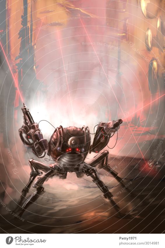 Four-legged combat robot shoots its way through a dystopian industrial landscape. Science fiction illustration. Robot Mech quadroped Mecha Laser Weapon