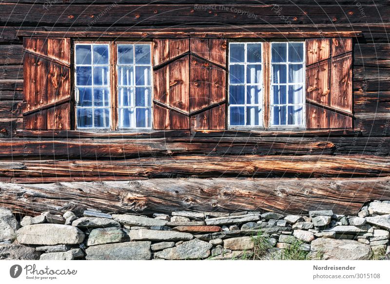 Old farmhouse in the mountains of Norway Log home House (Residential Structure) Shutter Window Wooden house Foundations Dry stone walling tree trunks warm