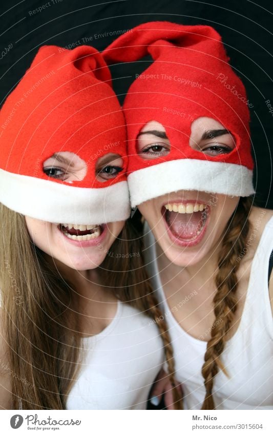 Christmas monster Christmas & Advent Feminine Young woman Youth (Young adults) Eyes Mouth Teeth 2 Human being Cap Brunette Long-haired Braids Red Joy Brash Evil