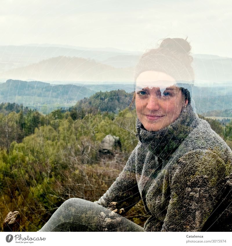 Double exposure. Portrait of a young woman Elbe Sandstone Mountains Feminine Young woman Youth (Young adults) 1 Human being Environment Nature Landscape Sky