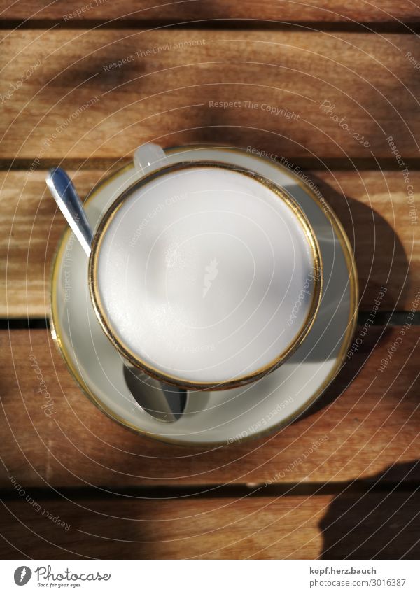 Coffee with gold rim Breakfast To have a coffee Slow food Beverage Hot drink Cappuccino Café milk foam Crockery Cup Spoon Saucer To talk Relaxation Drinking Old