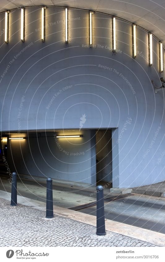 underground car park Parking lot Evening Lighting Twilight Entrance Lamp Neon light Parking garage Access Garage Underground garage Deserted Copy Space