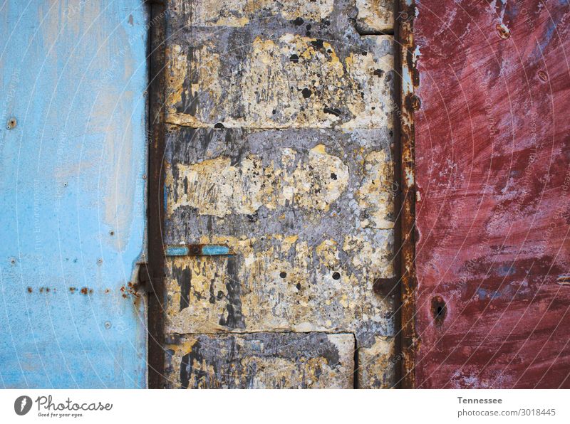 Blue and red painted metal doors Dirty Grunge Background picture Metal Door Concrete Brick Wall (building) Rough Paints and varnish Painted distressed Red
