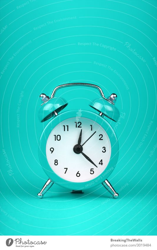 Close up one teal blue alarm clock over turquoise Clock Metal Sleep Fresh Retro Blue Green Turquoise Colour Tradition Mint bell Twin two background wake