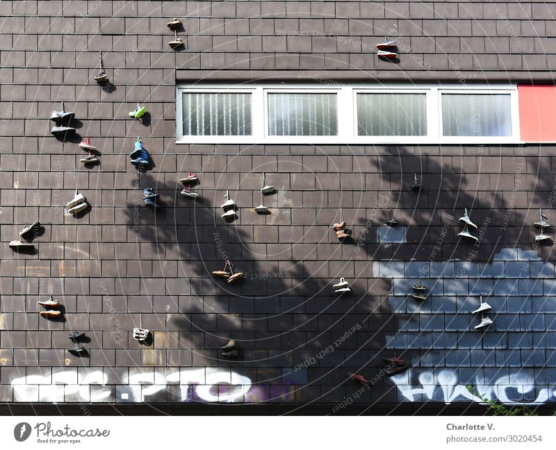 Airy | Shoe rabble Wall (barrier) Wall (building) Facade Window Footwear Characters Graffiti Hang Exceptional Exotic Happiness Hip & trendy Tall Trashy Brown
