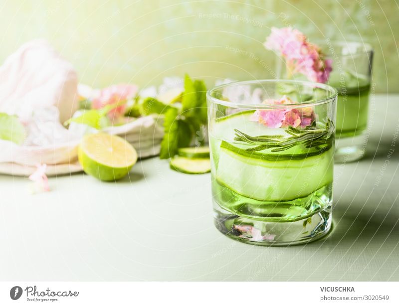 Glass with soft drink. Green cucumber and lime lemonade Food Nutrition Beverage Cold drink Lemonade Juice Style Design Healthy Eating Summer Table Hip & trendy