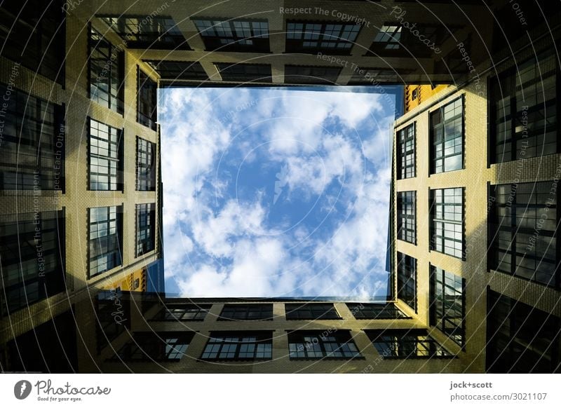 Backyard Duet Sky Clouds Beautiful weather Facade Sharp-edged Historic Style Symmetry Double exposure Illusion Opposite Frame Rotated Shaft of light Abstract