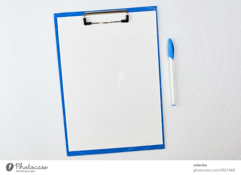 blue paper holder on white background Design School Office Business Paper Pen File Write Blue White Colour Idea backdrop Blank board checklist Magazine