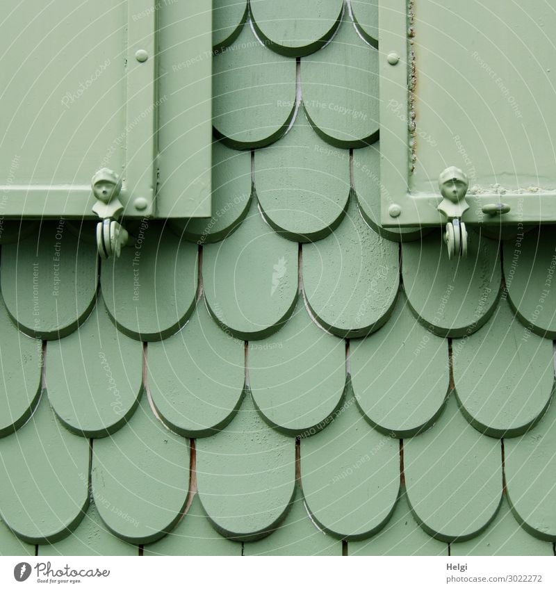 green painted wooden shingles and shutters with figures on the facade of a house Shutter Figure Shingle roof Wood Metal Line To hold on Living or residing