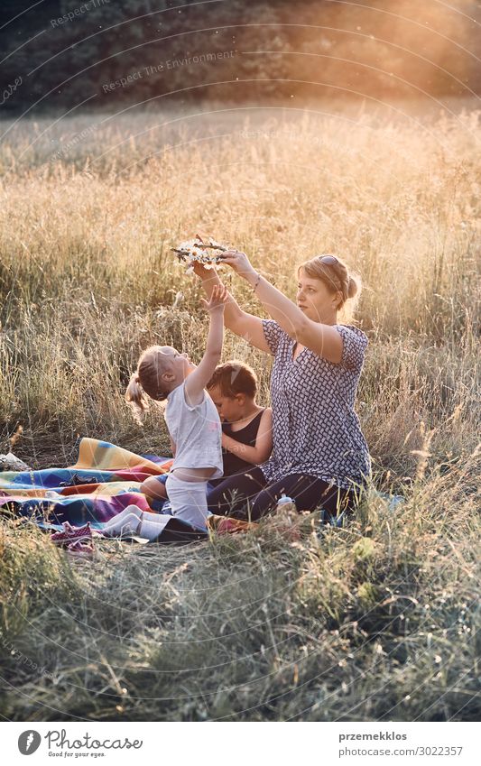 Family spending time together on a meadow Lifestyle Joy Happy Relaxation Leisure and hobbies Playing Vacation & Travel Summer Summer vacation Child Human being