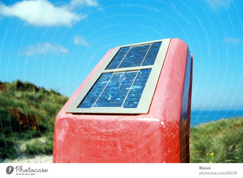 Red solar box Solar Power Beach Rescue Emergency Clouds Obscure Sun strange photovoltaics Beach dune Sky