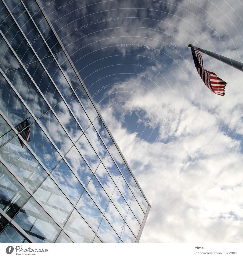 airy | cloth on hook II Sky Clouds Beautiful weather High-rise Airport Manmade structures Building Architecture Wall (barrier) Wall (building) Facade Window