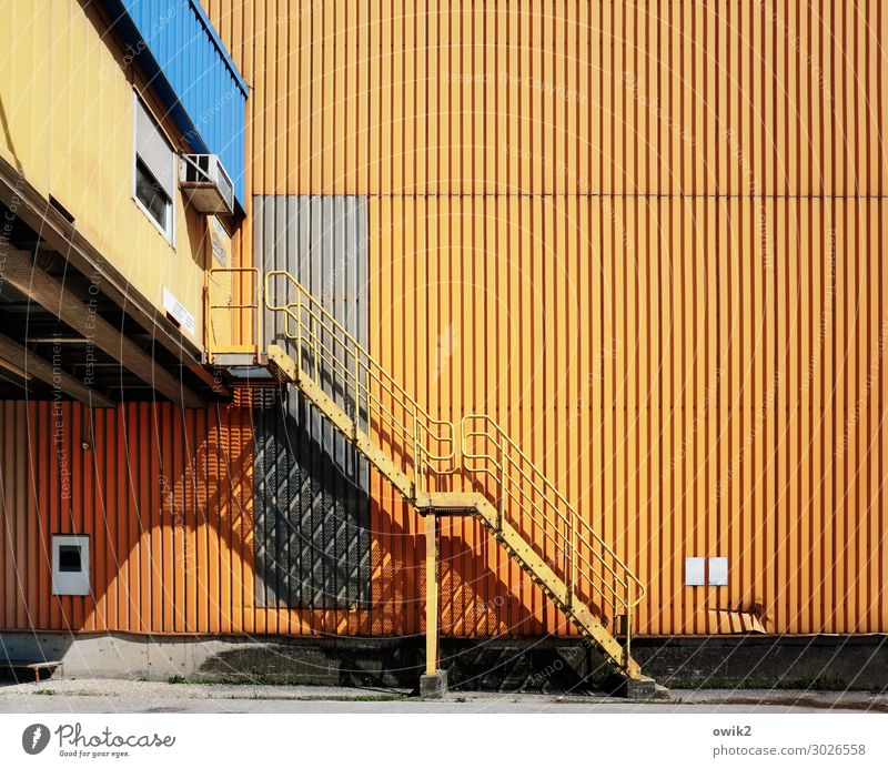 Port of Vienna Outskirts Facade Corrugated sheet iron Corrugated iron wall Stairs Ladder Warehouse Harbour Tin sheet metal Metal Sharp-edged Simple Large Tall