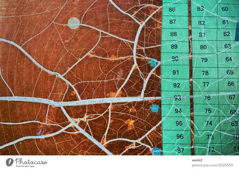 Numbered consecutively Plastic Sign Digits and numbers Old Sharp-edged Together Brown Orange Turquoise Decline Transience Arrangement Plan Garden allotments