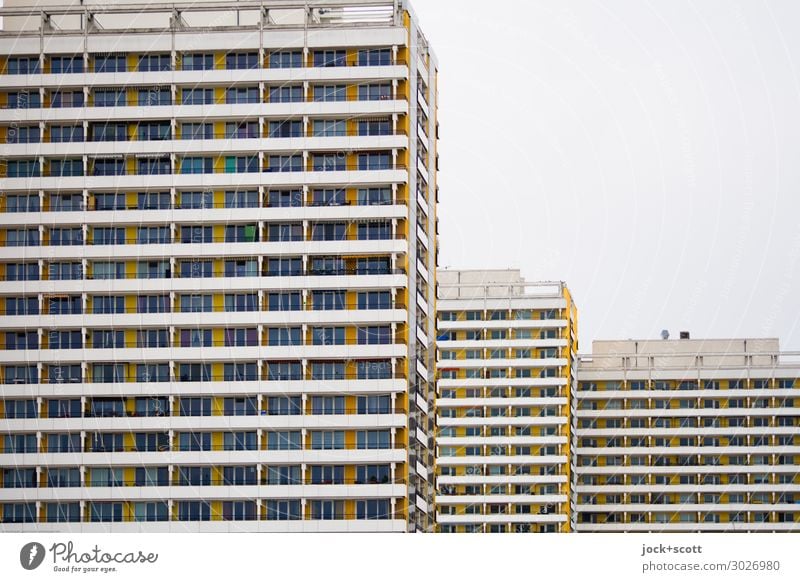 home & madness Functionalism Sky Marzahn Prefab construction Tower block Facade Authentic Sharp-edged Hideous Modern Retro Gloomy Growth GDR Concrete block