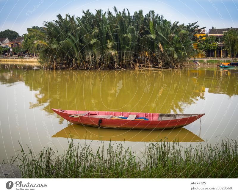Red boat in the river Beautiful Vacation & Travel Nature Landscape Sky River Watercraft Asia fishing palms peaceful scenery Vantage point water. trees vietnam