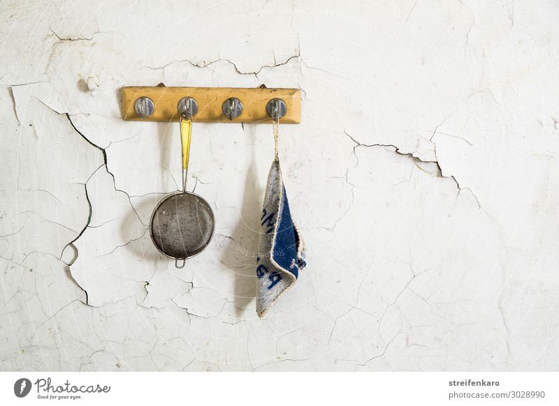The tea strainer and potholders had not been in use for a long time, as they were hanging next to each other on a hook on the cracked wall of the old house