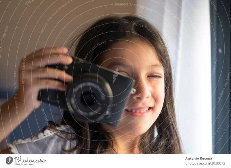 six year old girl taking photos Lifestyle Happy Playing Child Camera Smiling Small 6s six years old Photographer mirrorless Evil objective Take Illustration